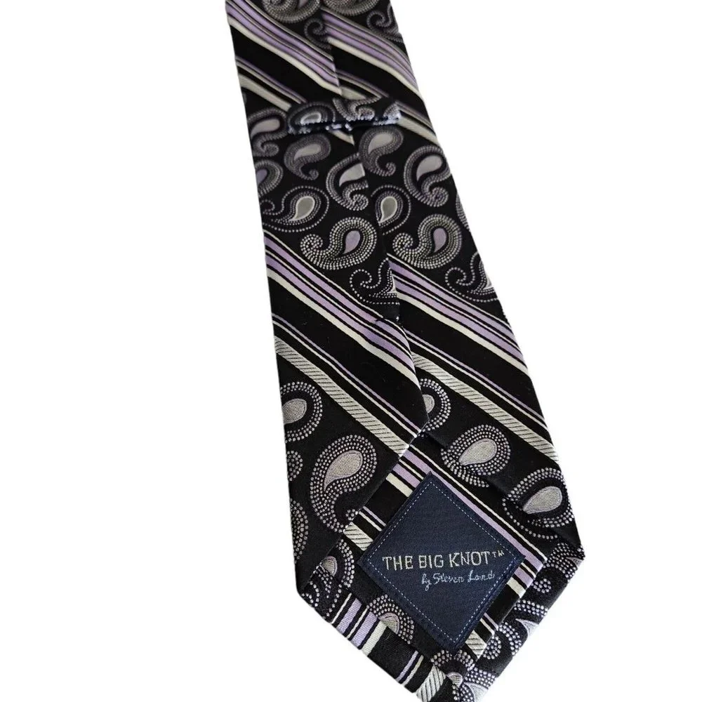 THE BIG KNOT by Steven Land 100% Silk Tie Geo Paisley‎ 3.5W Dark Purple